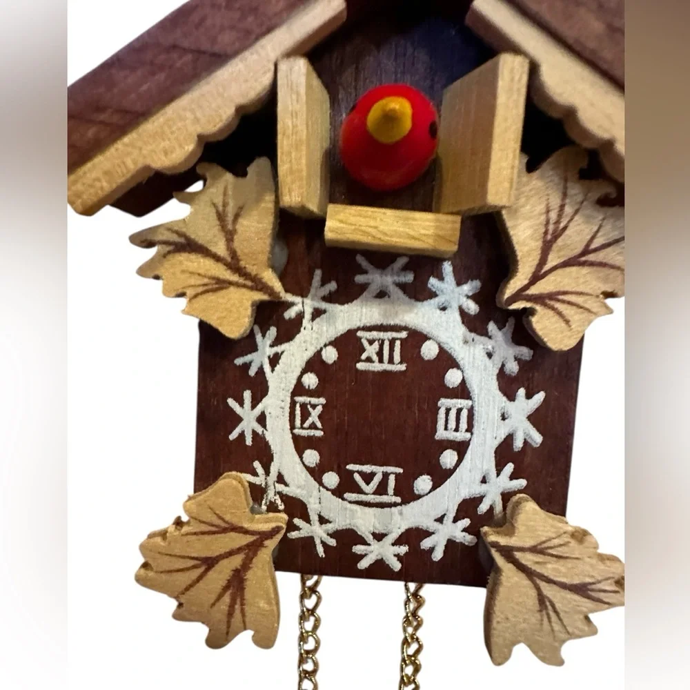 Vtg Cuckoo Coo Clock Christmas Tree Ornament 4” Wood Red Bird Gold German Style